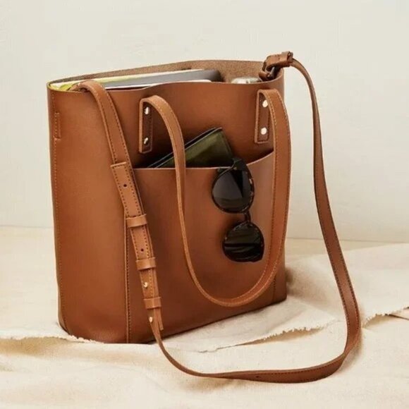 NWT Henny + Lev Cognac Brown Vegan Leather 2-in-1 Everyday Tote Purse Bag - Picture 1 of 16
